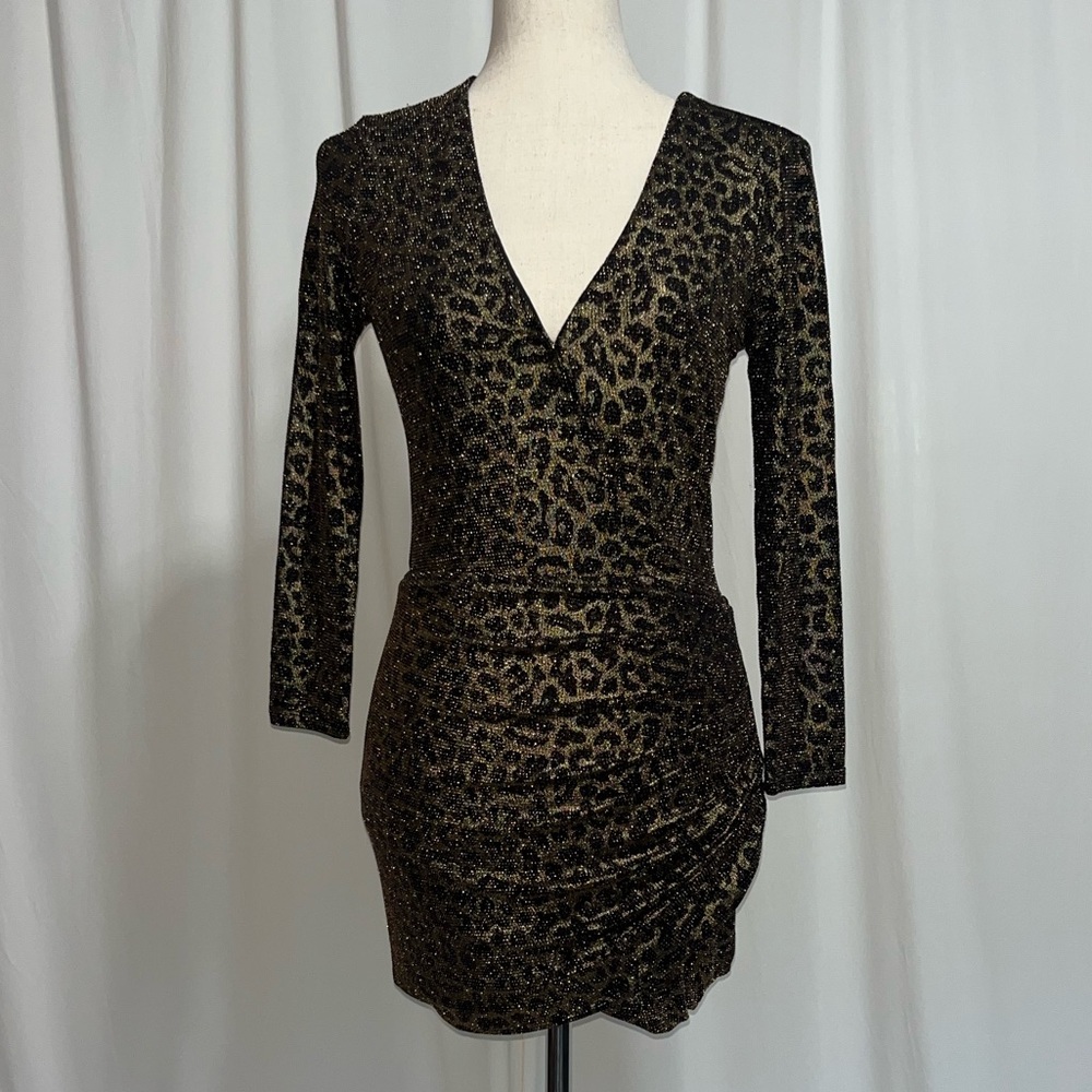 Lovers + Friends Metallic‎ Leopard Long Sleeve Mini Faux Wrap Dress Size Small - Picture 2 of 7